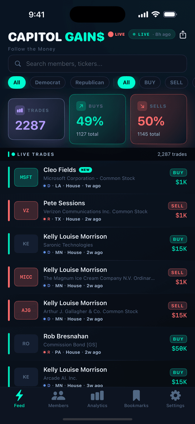 Capitol Gains feed showing live congressional trades